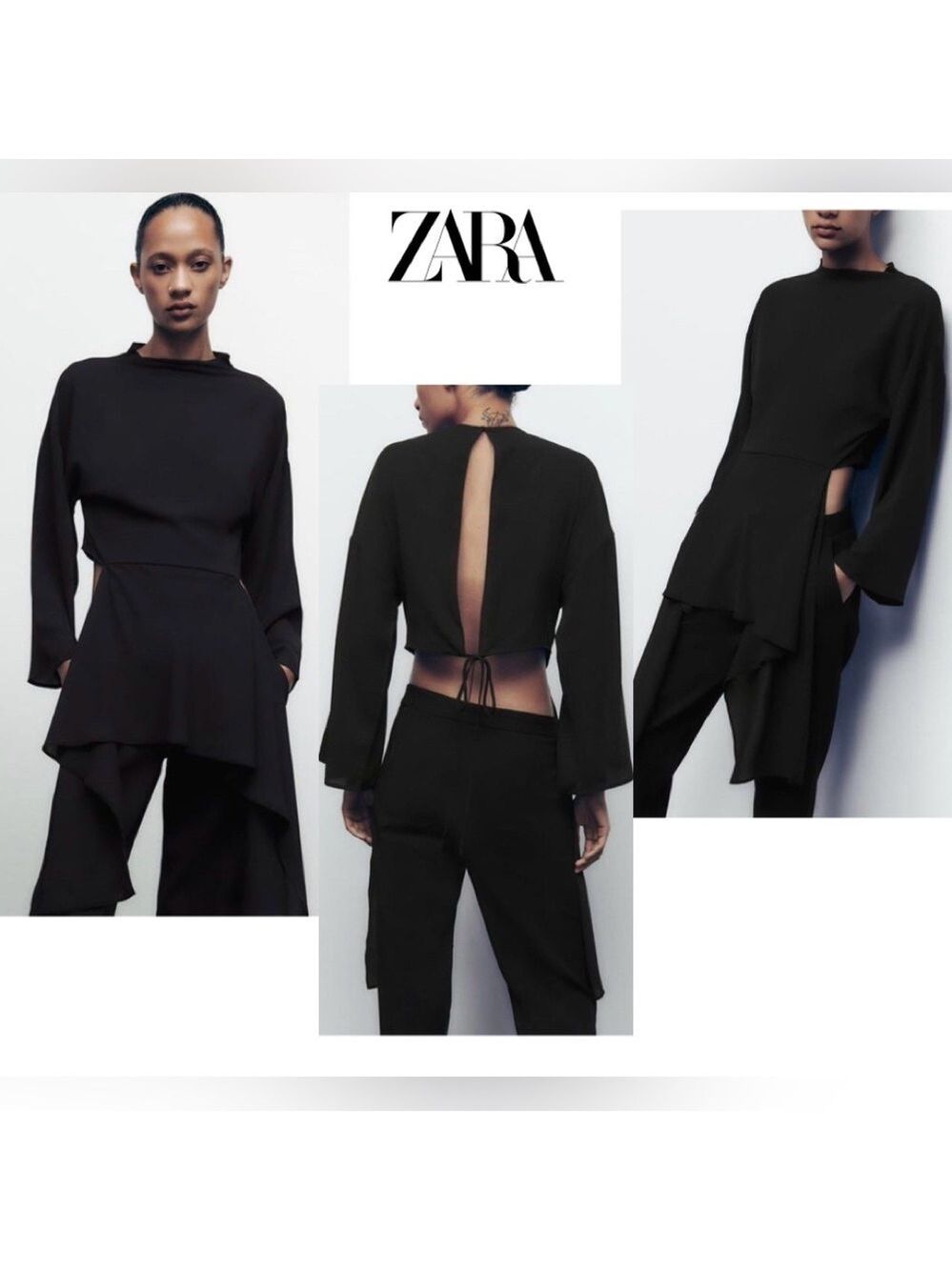 Zara Black Asymmetric Flowing Cut Out Open Back Blouse Top Tie Back NWOT